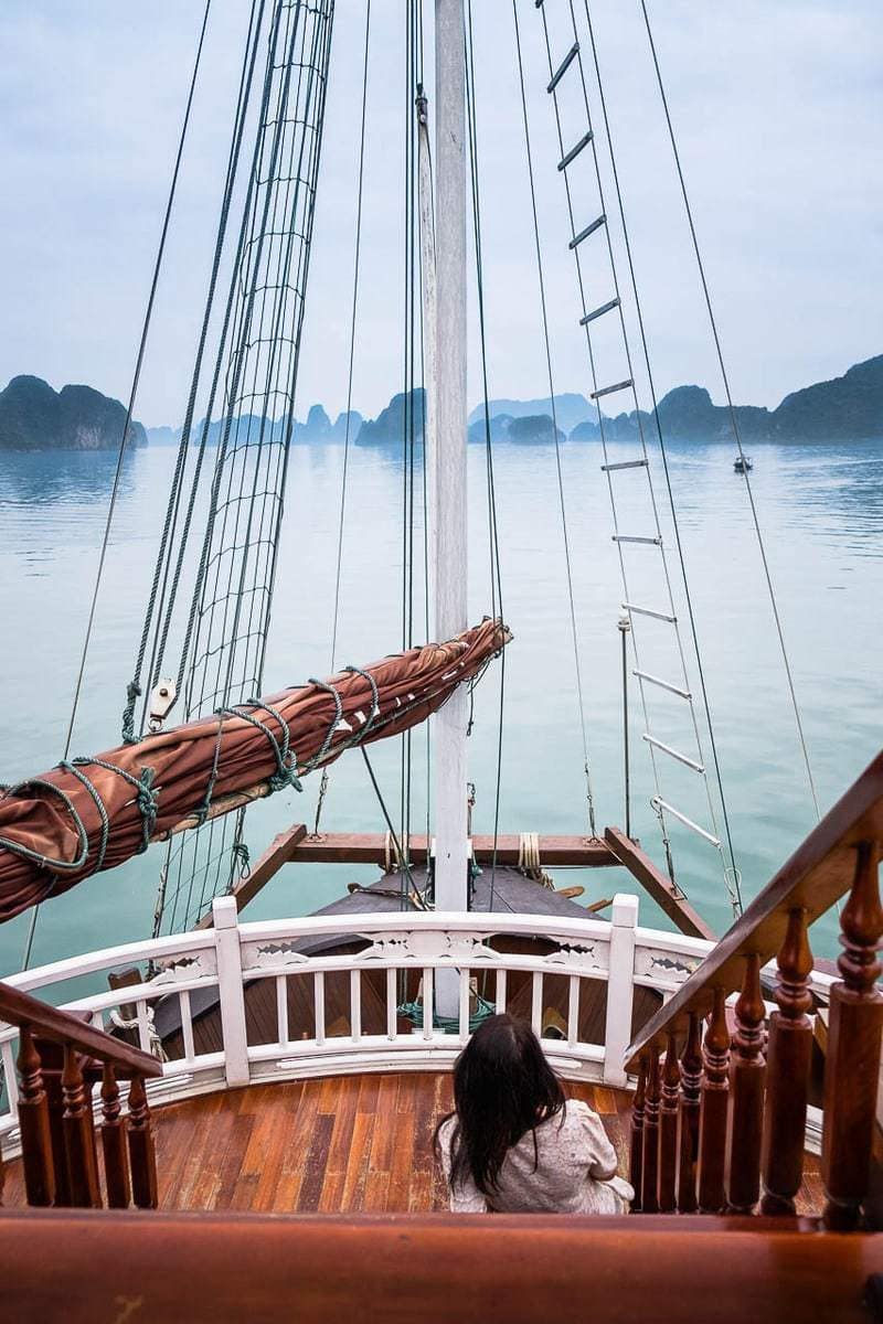 Tourist woman cruise ship Halong Bay Vietnam