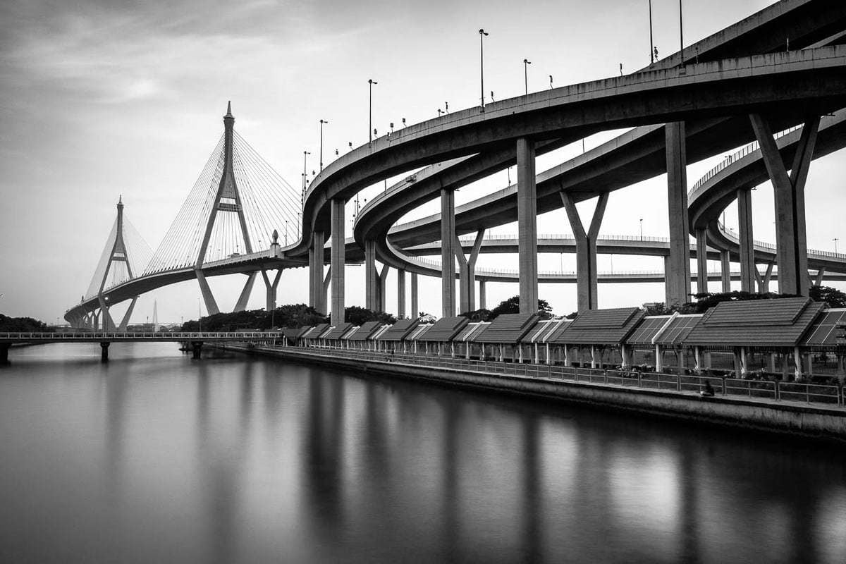 B&W photo Bhumibol Bridge Industrial Ring Road Bangkok Thailand