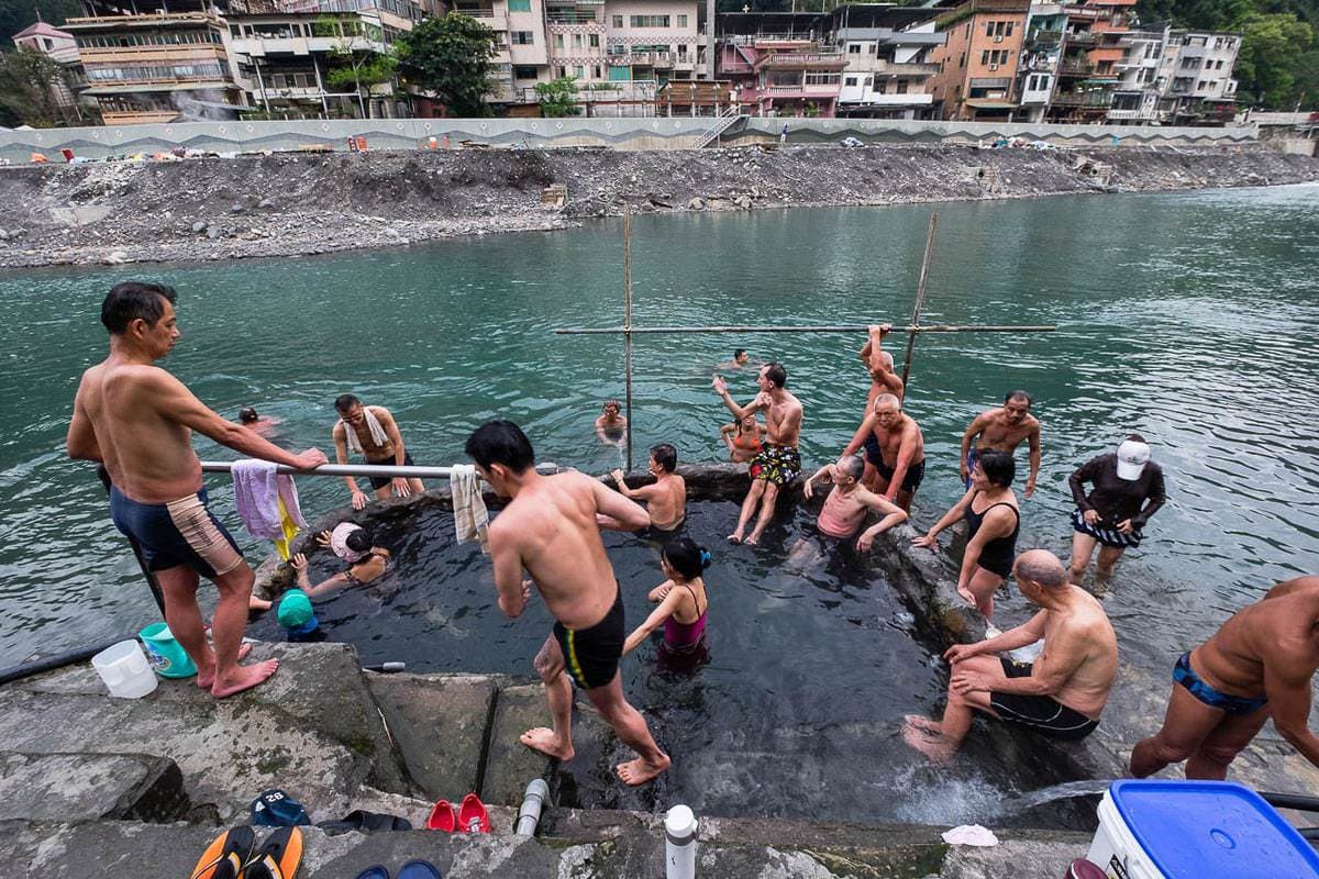People bathe at Wulai Hot Springs. Wulai District, New Taipei City, Taiwan.