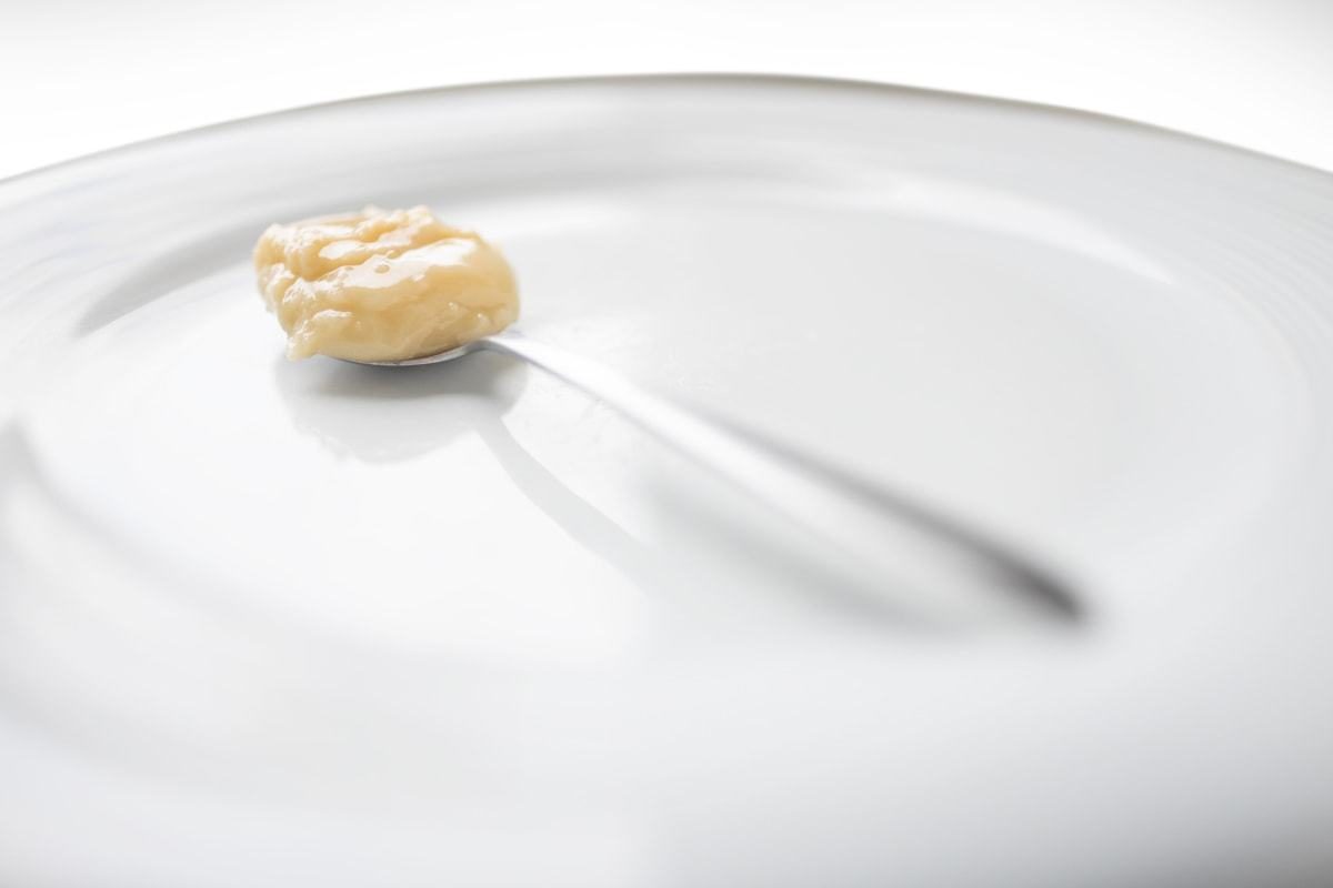 Palm sugar in a teaspoon on a white plate.
