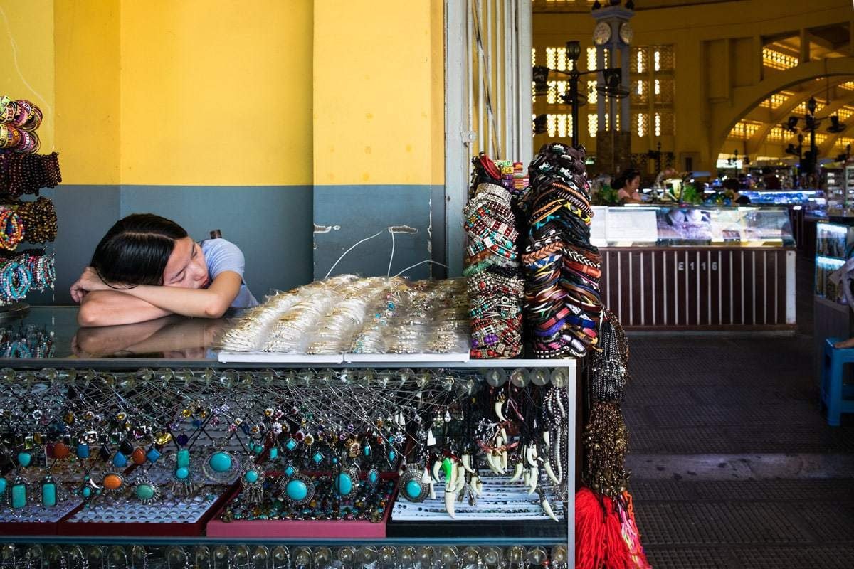 Sleeping beauty at the Central Market. Phnom Penh, Cambodia.