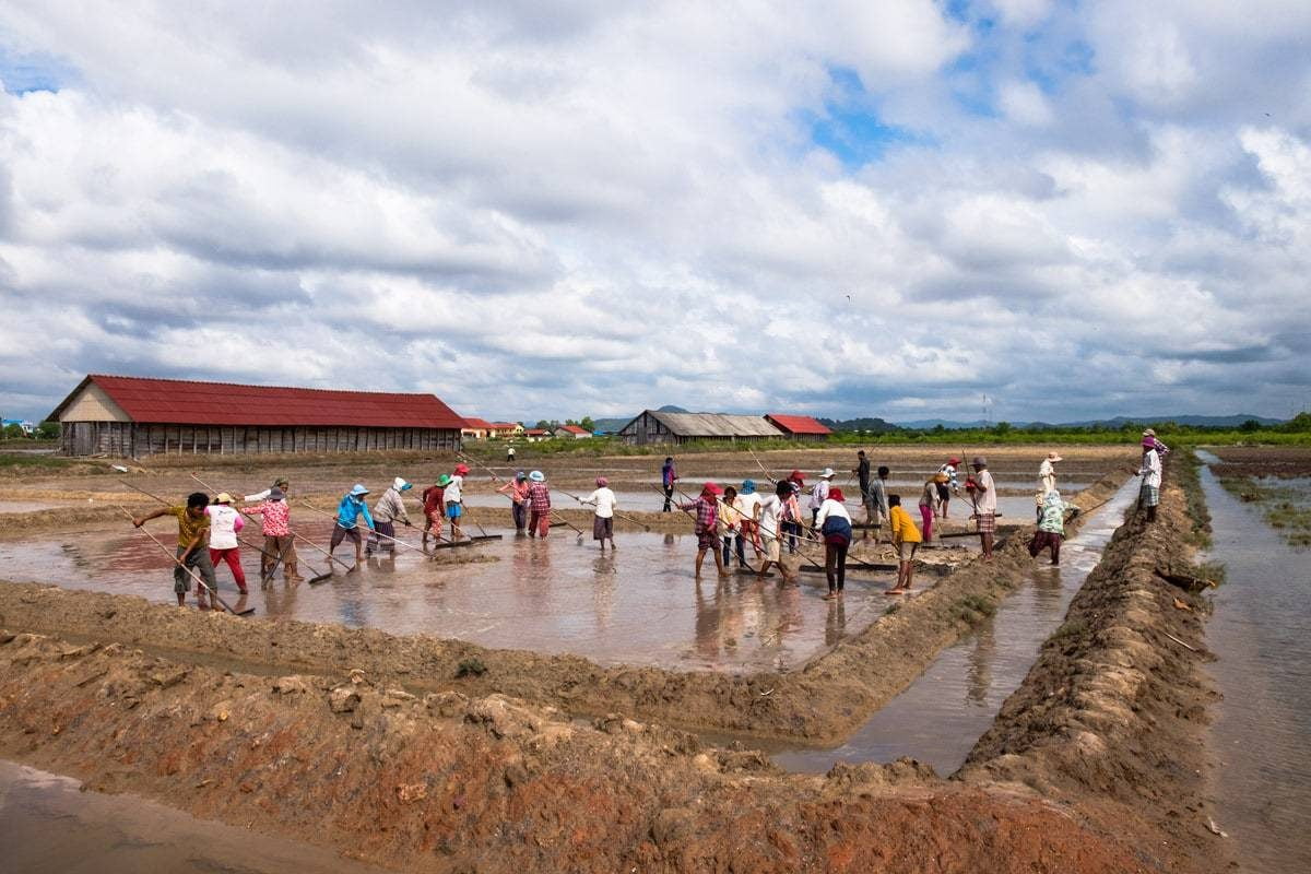 Khmer farmers work at salt fields. Kampot, Cambodia.