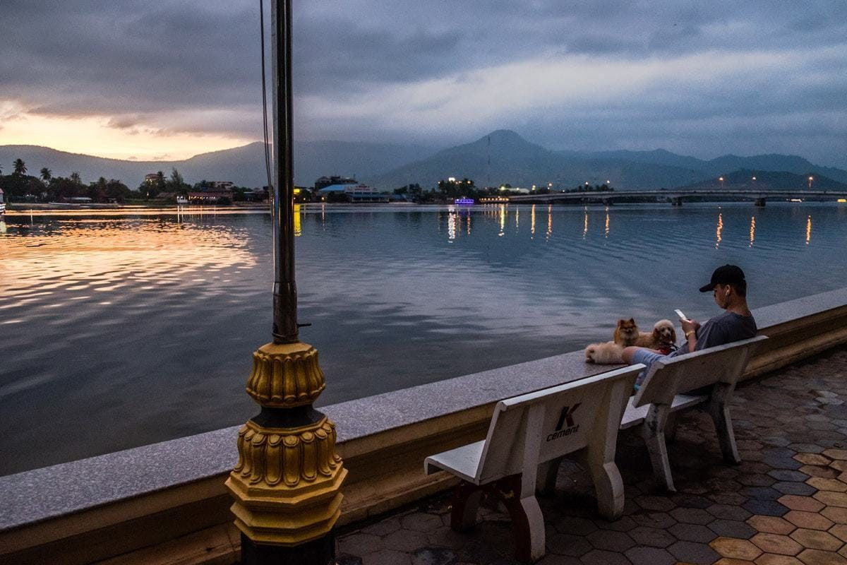 Man and his dogs. Kampot Riverside. Kampot, Cambodia.