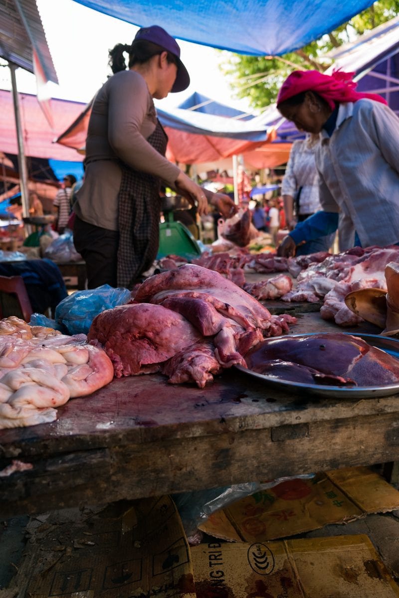 Raw meat sold at Bac Ha meat market, Vietnam.