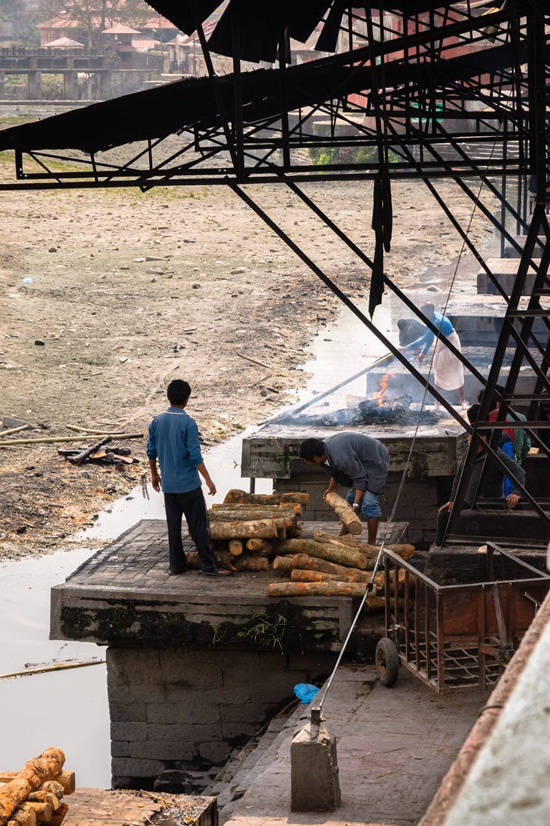 Smashan Hindu cremation ground on the Bagmati River at Pashupatinath Temple. Kathmandu, Nepal.