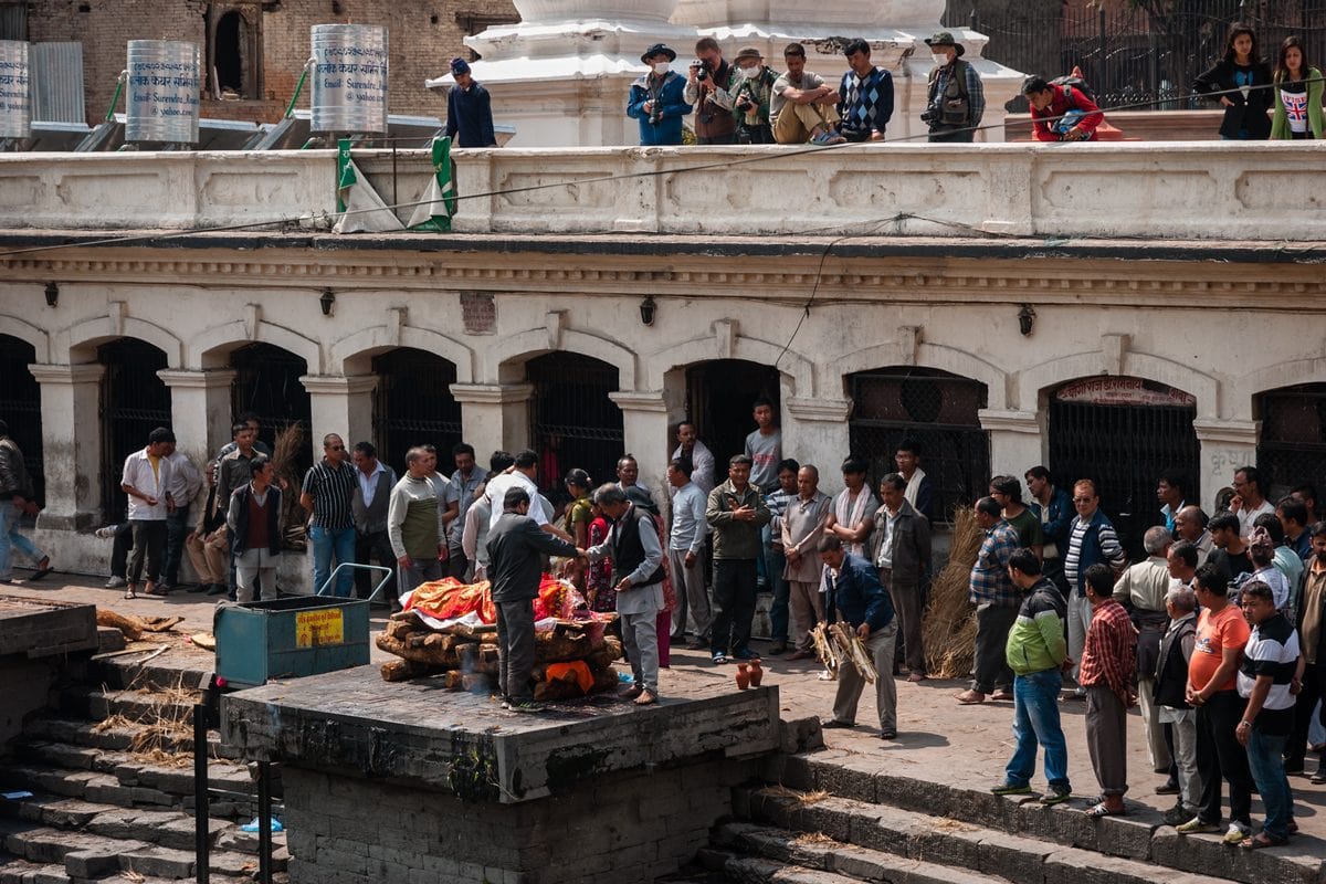 Cremations on the Bagmati River at Pashupatinath Temple in Kathmandu, Nepal.