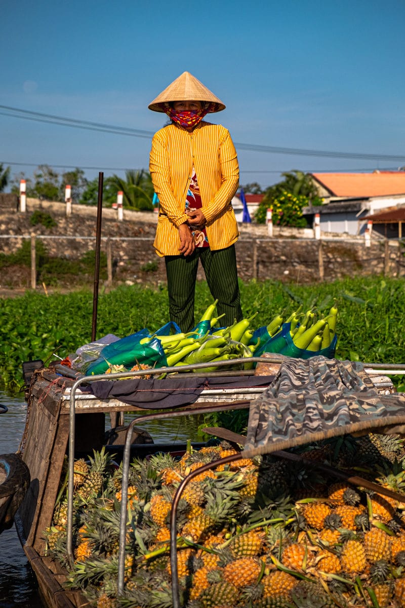 Pineapple & wax gourd seller stands up on her boat on Phong Dien floating market. Mekong Delta, Can Tho, Vietnam.