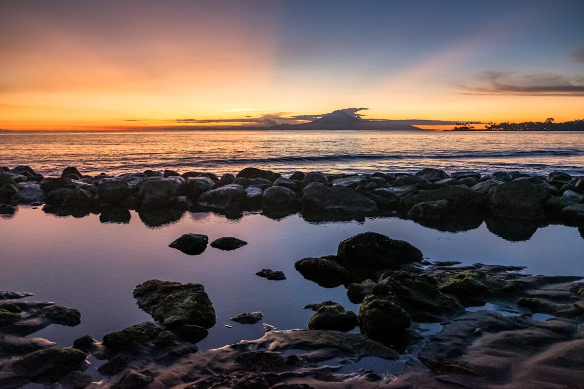 Sunset over Mount Agung. Senggigi Beach, Lombok Island, Indonesia.