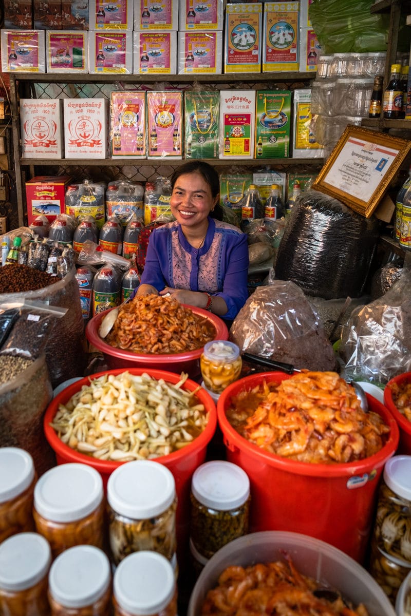 Beautiful smile on Cambodian seller. Crab market. Kep, Cambodia.