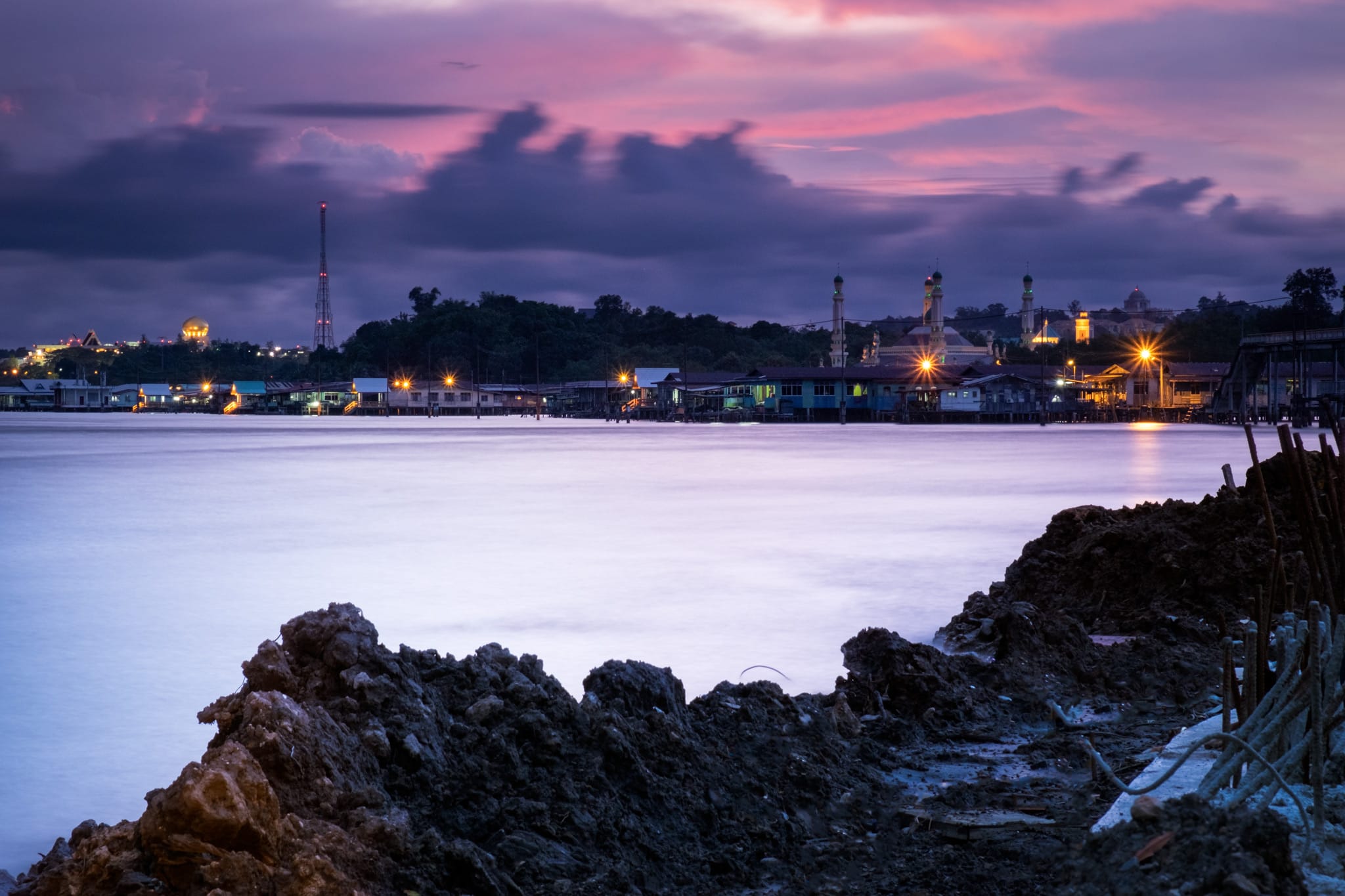 Brunei River and Kampong Ayer (water village) of Bandar Seri Begawan in Brunei at twilight.