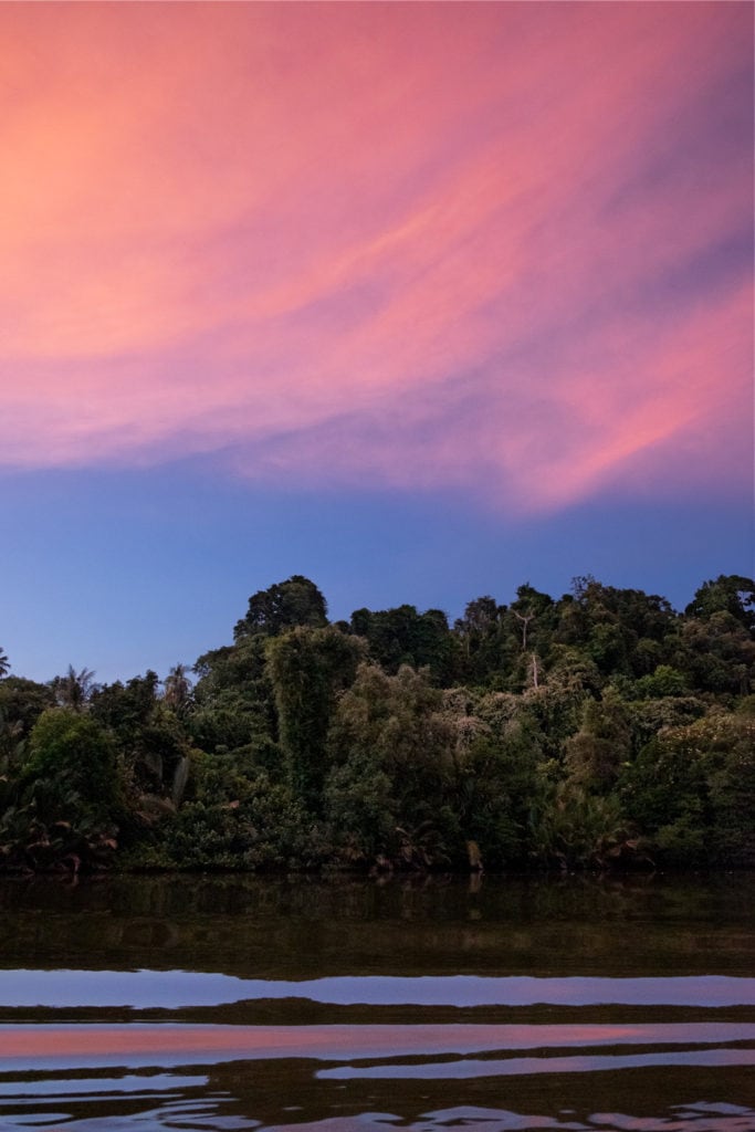Sunset with surreal magenta and orange sky. By boat on the Brunei River.