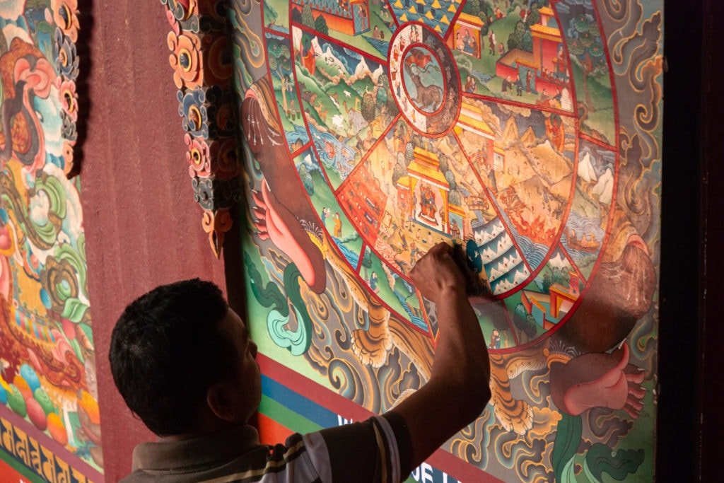 Wheel of life. Buddhist Monastery near Boudhanath Stupa. Kathmandu, Nepal.