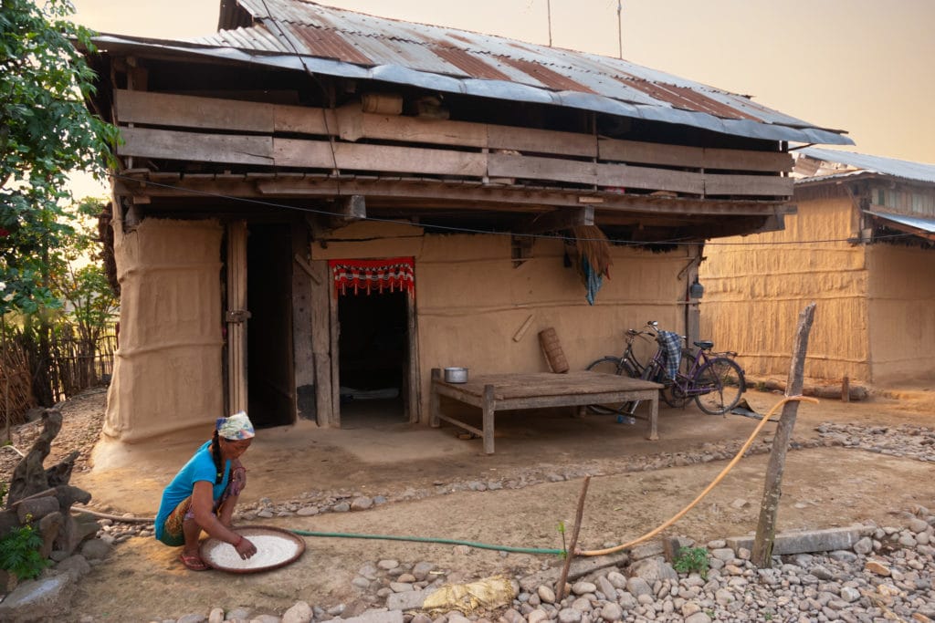 Tharu woman cleans rice in front of her traditional Tharu house made of straw and clay. Chitwan, Nepal.