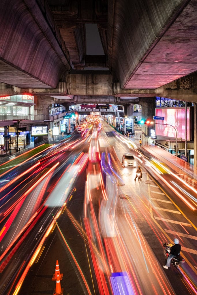 Lights trails from cars. Bangkok, Thailand.