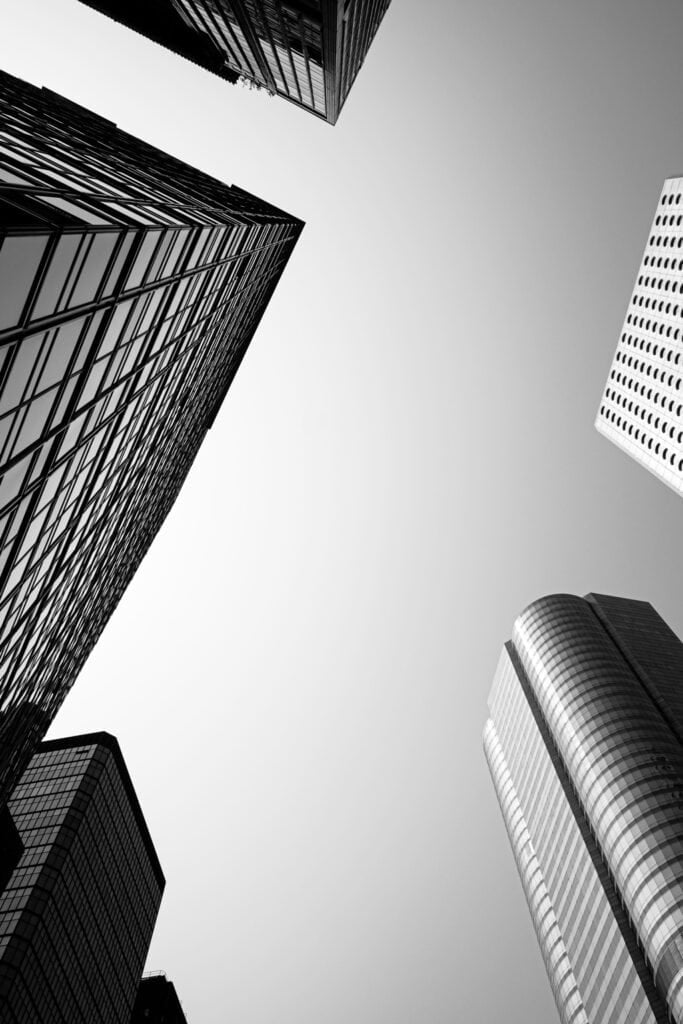 Black & white skyline of buildings on Hong Kong Island. Hong Kong.