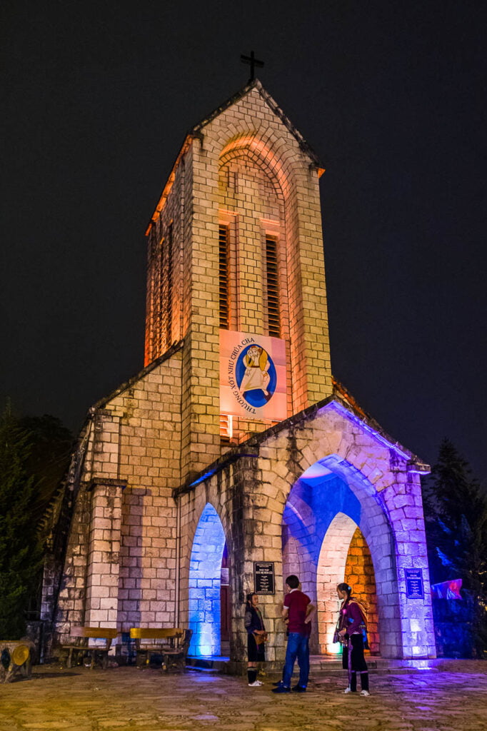 Notre Dame Cathedral in Sapa by night. French colonial church in Sapa, Vietnam. It was built in 1895, it has a bell tower and a Roman Gothic architecture.